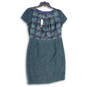 NWT Womens Blue Green Round Short Sleeve Neck Back Zip Sheath Dress Sz 14P image number 1