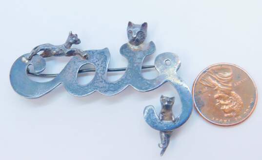 Vintage MEOW Sterling Silver Cats Brooch 8.2g image number 3