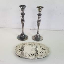 Candlestick Holders  Pair of 2 w/ Silver Plate Trivet Tray