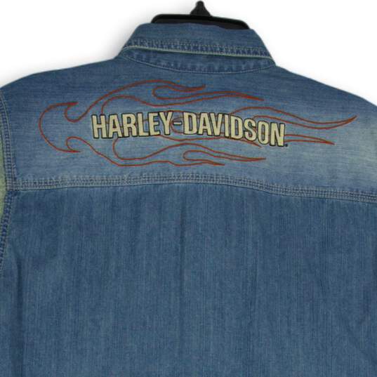 NWT Harley-Davidson Mens Blue Denim Embroidered Sleeveless Button-Up Shirt Sz M image number 4