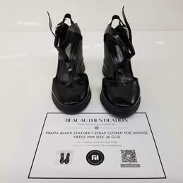 Prada Black Leather T-Strap Closed Toe Wedge Heels Women's Size 6