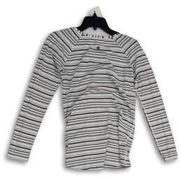 Womens Black White Striped Round Neck Long Sleeve Pullover T-Shirt Size 4
