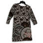 Womens Gray Black Floral Round Neck Long Sleeve Knee Length Shift Dress M image number 2