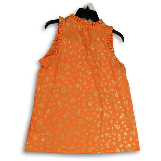 Women Orange Gold Ruffle Paisley Sleeveless Split Neck Blouse Top Size XL image number 2