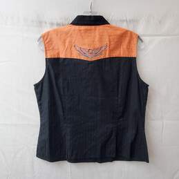 Harley Davidson Sleeveless Button Up Black & Orange Embroidered Top Size L alternative image