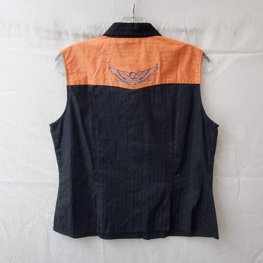 Harley Davidson Sleeveless Button Up Black & Orange Embroidered Top Size L image number 2