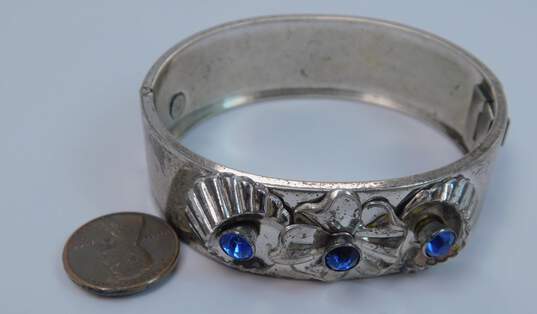 Vintage Harry Iskin Sterling Silver Blue Rhinestone Floral Hinged Bangle Bracelet 33.4g image number 3