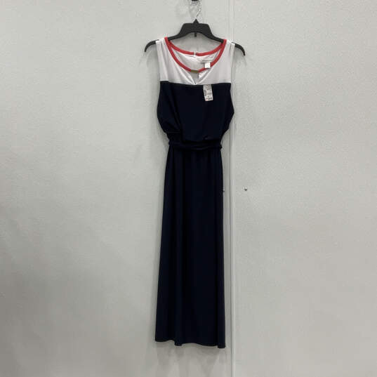 NWT Womens Blue White Sleeveless Keyhole Neck Back Zip Maxi Dress Size M image number 1