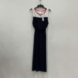 NWT Womens Blue White Sleeveless Keyhole Neck Back Zip Maxi Dress Size M
