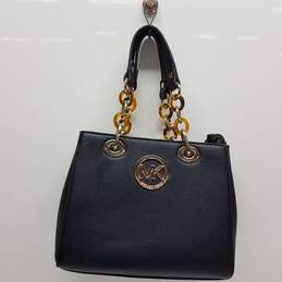 Michael Kors Black Cynthia Saffiano Leather Gold/Tortoise Chain Small Tote Bag