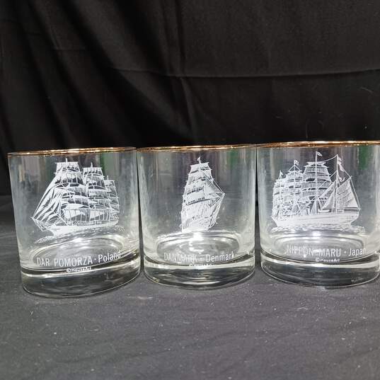 Set of 6 Dar Pomorza Poland Gold Rim Sailing Ship Highball Whiskey Glasses image number 3