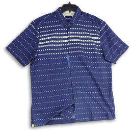 NWT Mens Blue White Geometric Print Short Sleeve Button Up Shirt Size L