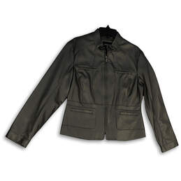 Womens Black Mock Neck Faux Leather Long Sleeve Full-Zip Jacket Size Large