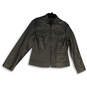 Womens Black Mock Neck Faux Leather Long Sleeve Full-Zip Jacket Size Large image number 1
