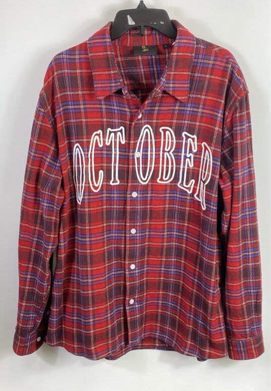 OVO Men Red Plaid Button Up Shirt XL image number 1