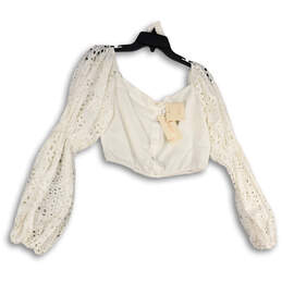 NWT Womens White Square Neck Long Sleeve Cropped Blouse Top Size Large