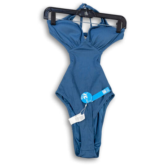 NWT Womens Blue Padded V-Neck Backless One Piece Swimsuit Size Medium image number 1