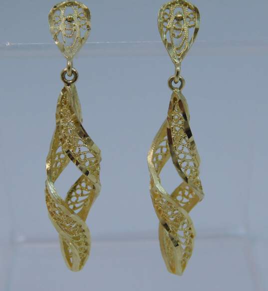 14K Gold Etched & Open Spun Swirled Helix Drop Post Earrings 4.3g image number 2