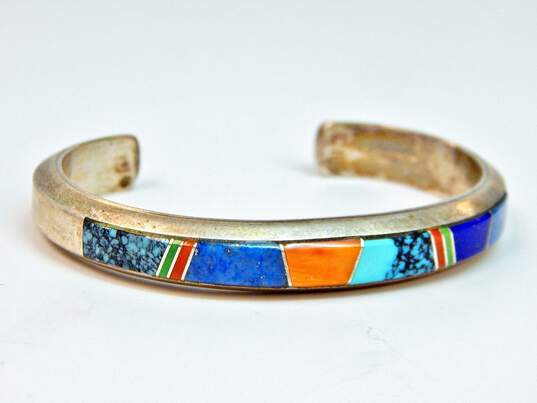 Signed Muskett 925 Southwestern Turquoise Lapis Spiny Oyster Inlay Cuff Bracelet image number 2