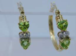 14K Gold Peridot Faceted Hearts & Sapphire Accented Hoop Earrings 3.8g