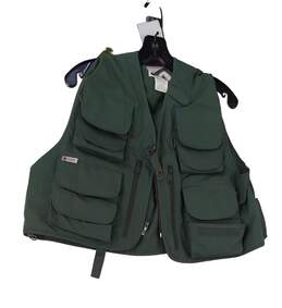 Mens Green Sleeveless Pockets Full Zip Fishing Vest Jacket Size Large