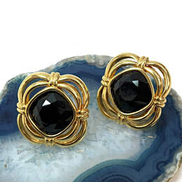 Designer Swarovski Gold-Tone Inverted Black Square Stone Stud Earrings