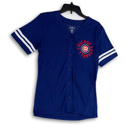 Womens Blue Chicago Cubs Short Sleeve V-Neck Button Front Athletic Shirt M