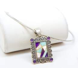 Carolyn Pollack 925 Amethyst & Mother Of Pearl Geometric Etched Pendant Necklace 36g alternative image