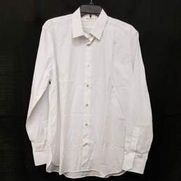 Mens White Cotton Pointed Collar Long Sleeve Button-Up Shirt Size 39