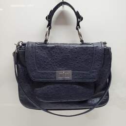 AUTHENTICATED REBECCA MINKOFF NAVY OSTRICH LEATHER FLAP SHOULDER BAG 13x9.5x4
