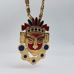 Ciner Gold Tone Enamel Tribal Face Pendant Necklace 82.9g