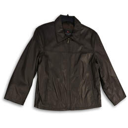 Womens Brown Leather Spread Collar Long Sleeve Full-Zip Jacket Size M