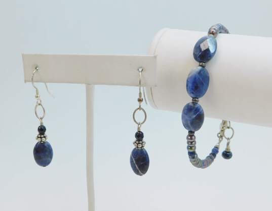 Artisan Sterling Silver Sodalite & Pearl Necklace Bracelet & Dangle Earrings 65.6g image number 3