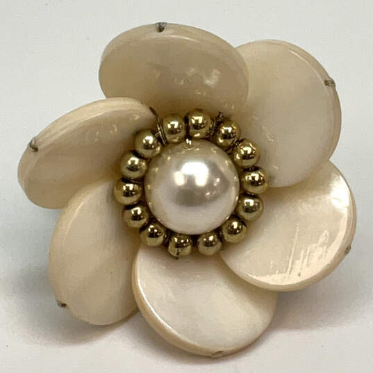 Designer Kate Spade Gold-Tone Beaded Cream Enamel Flower Pearl Band Ring image number 2
