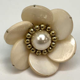 Designer Kate Spade Gold-Tone Beaded Cream Enamel Flower Pearl Band Ring alternative image