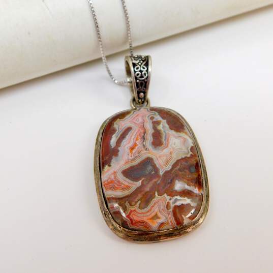 Artisan 925 Sterling Silver Crazy Lace Agate Pendant On Box Chain Necklace 18.1g image number 5
