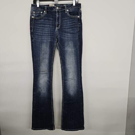 Blue Denim Bootcut Embellished Jeans image number 1