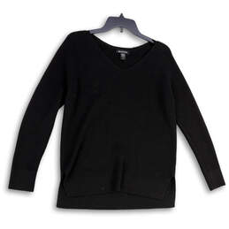 Womens Black Tight Knit Long Sleeve V-Neck Side Slit Pullover Sweater Sz M