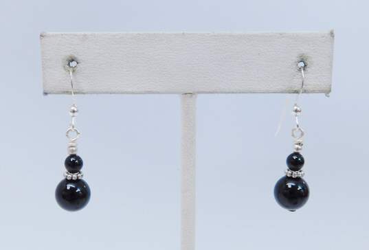 Artisan Mexico 925 Faux Onyx Ball Beaded Drop & Inlay Crescent Post Earrings & Mother of Pearl Wavy Paneled Bracelet 16.4g image number 2