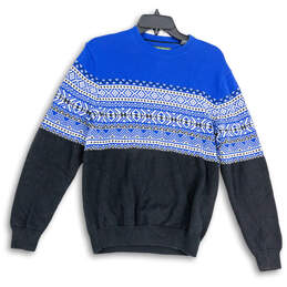 Mens Blue Fair Isle Crew Neck Long Sleeve Knit Pullover Sweater Size Small