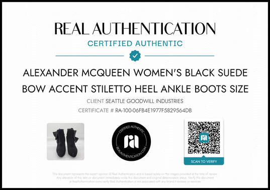 Alexander McQueen Women's Black Suede Bow Accent Stilleto Heel Ankle Boots Size 8 AUTHENTICATED image number 2