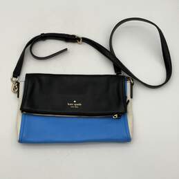 Womens Black Blue Leather Adjustable Strap Zipper Fold Over Crossbody Bag