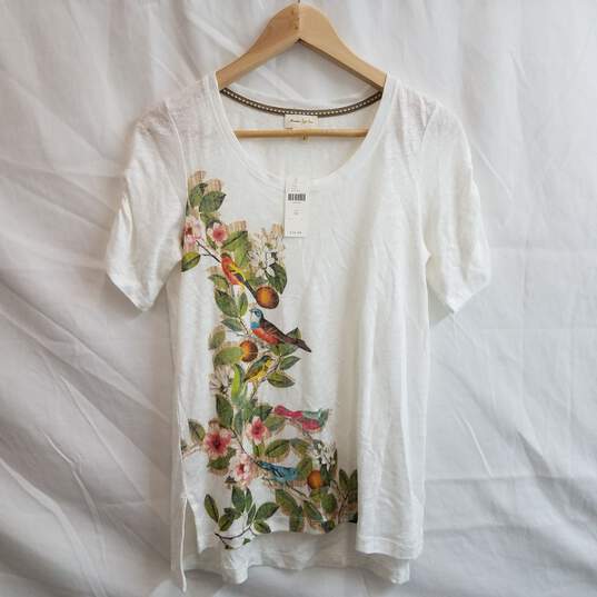 White linen short sleeve floral graphic t shirt XS nwt image number 1