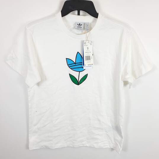 Adidas Women White Logo Flower T Shirt S NWT image number 1