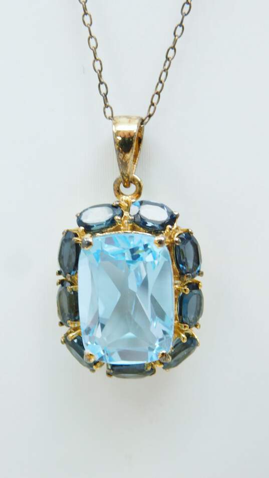 Artisan 925 Vermeil Blue Topaz Halo Pendant Necklace Drop Earrings & Ring image number 4