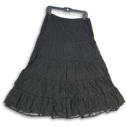 NWT Womens Black Textured Pleated Ruffle Midi A-Line Skirt Size Medium