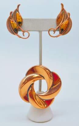 Vintage Matisse Renoir Mid Century Modern Copper Brooch & Leaf Clip Earrings  36.4g