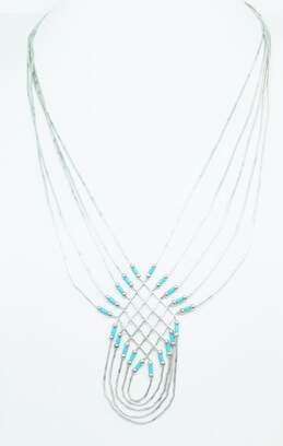 Artisan Silvertone Southwestern Style Faux Turquoise Beaded Liquid Silver Woven Pendant Multi Strand Necklace 14g