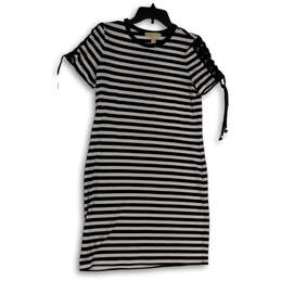 Womens Black White Striped Round Neck Classic Pullover Shift Dress Size XS