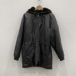 Womens Black Leather Long Sleeve Full-Zip Hooded Faux Fur Jacket Size S
